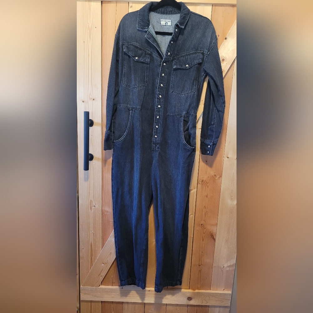 Free People Washed Black Utility Denim Jumpsuit